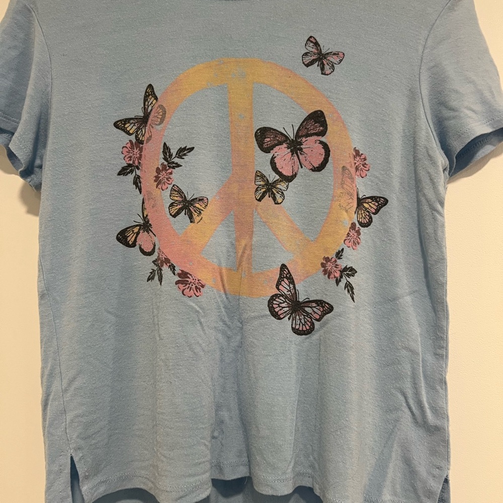 Moa Moa Light Blue Tee with Yellow-Pink Peace Sign & Black-Pink Butterflies